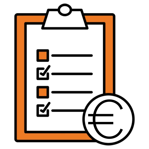 Icon einer Checkliste in orange und schwarz mit transparentem Hintergrund